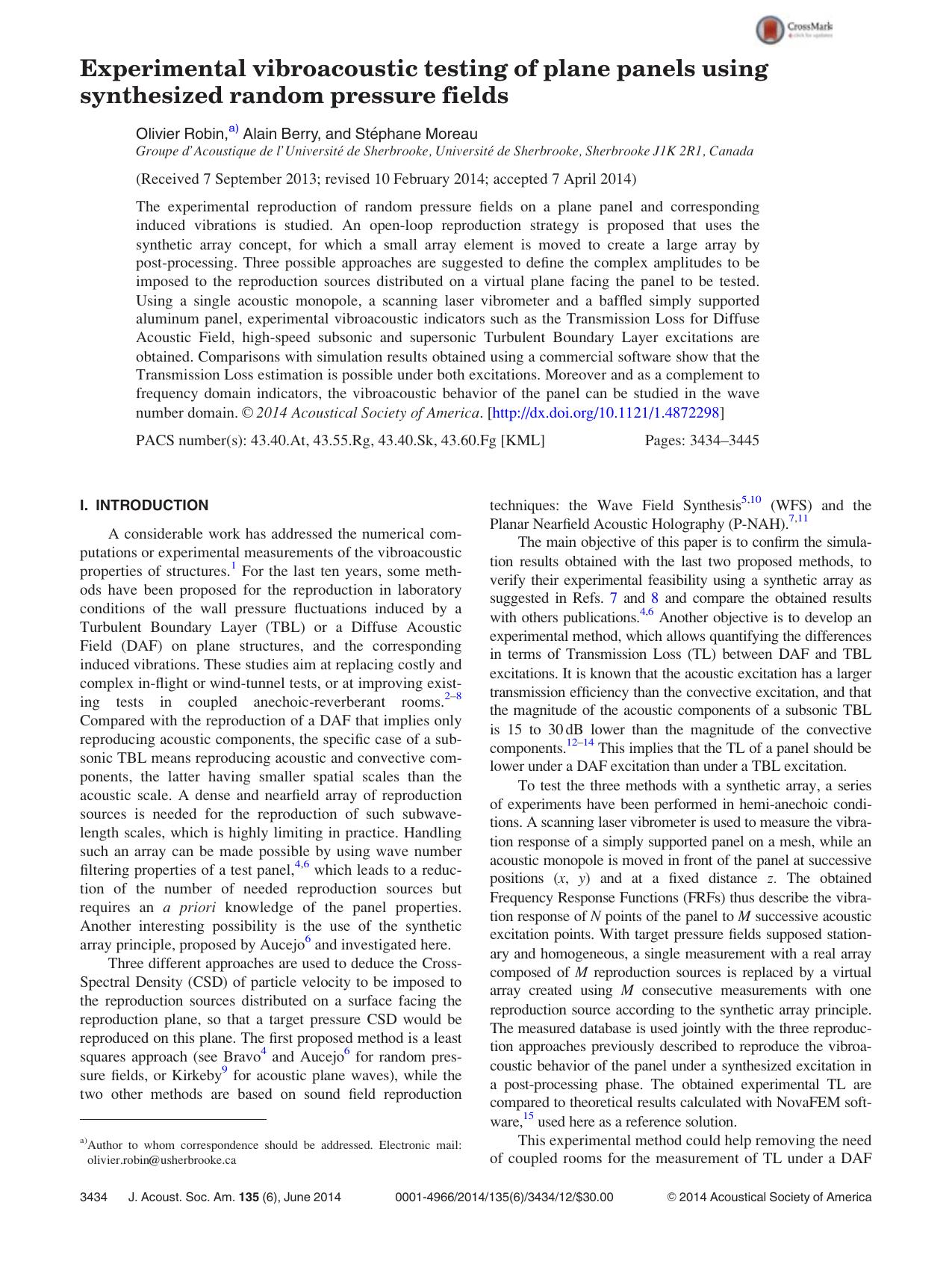 Experimental vibroacoustic testing of plane panels using synthesized random pressure fields by Olivier Robin & Alain Berry & Stéphane Moreau