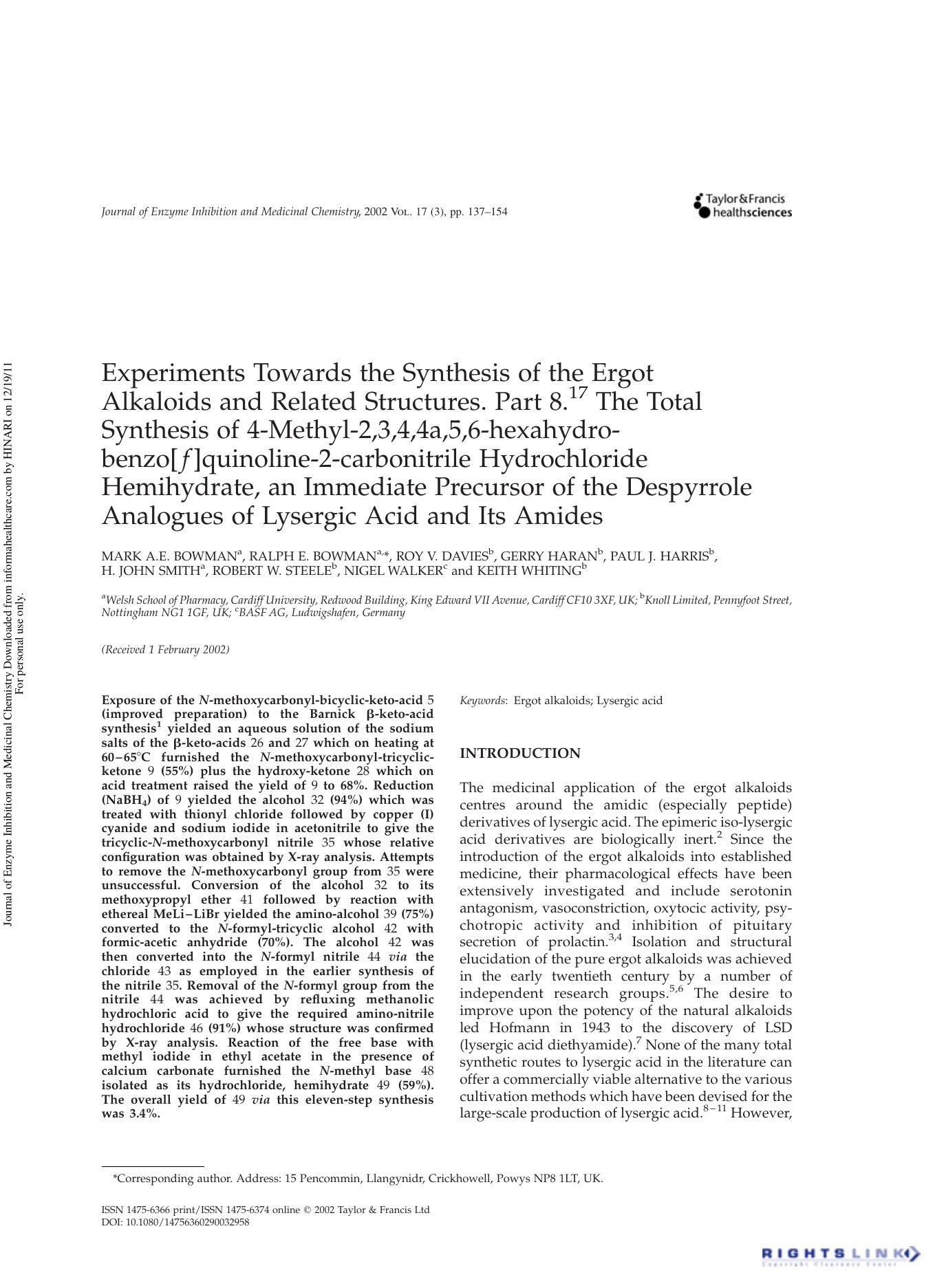Experiments Towards the Synthesis of the Ergot Alkaloids and Related Structures. Part 8.17 The Total Synthesis of 4-Methyl-2,3,4,4a,5,6-hexahydro-benzo[f]quinoline-2-carbonitrile H by unknow
