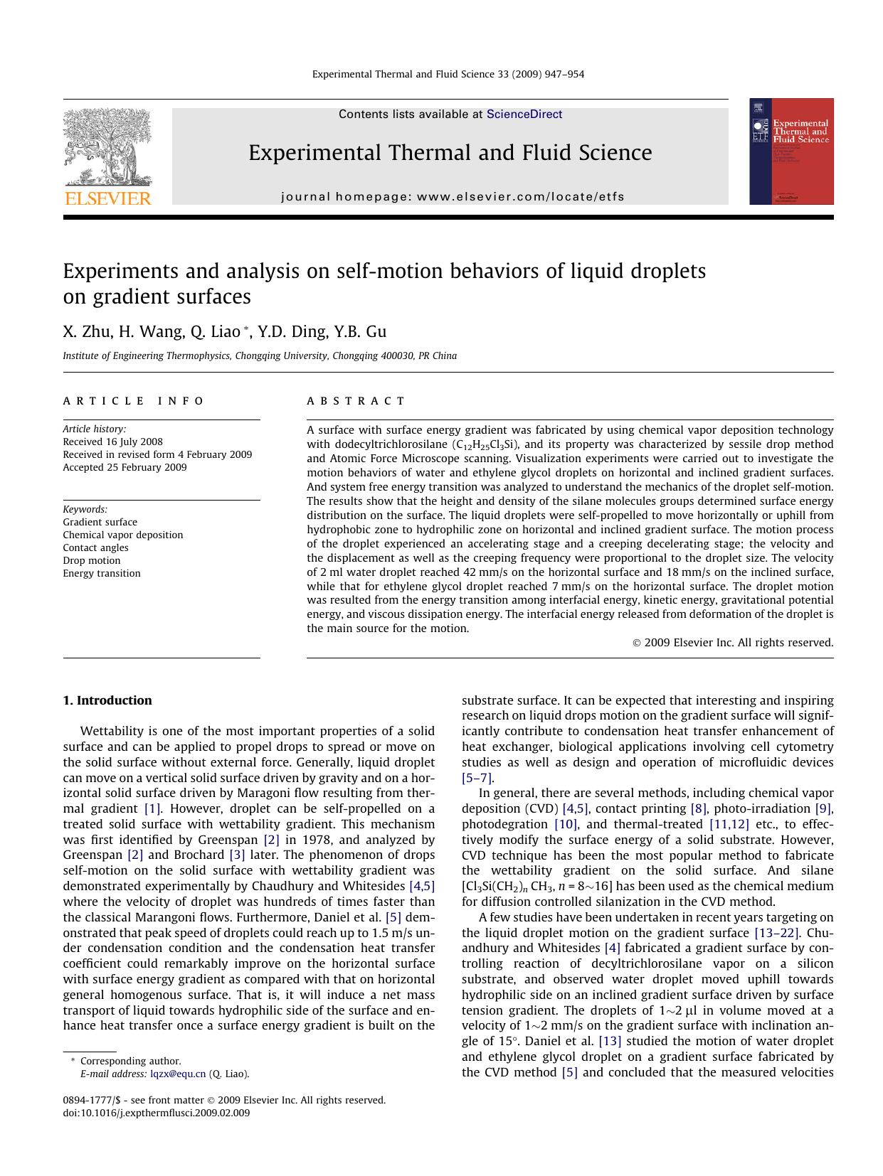 Experiments and analysis on self-motion behaviors of liquid droplets on gradient surfaces by X. Zhu; H. Wang; Q. Liao; Y.D. Ding; Y.B. Gu
