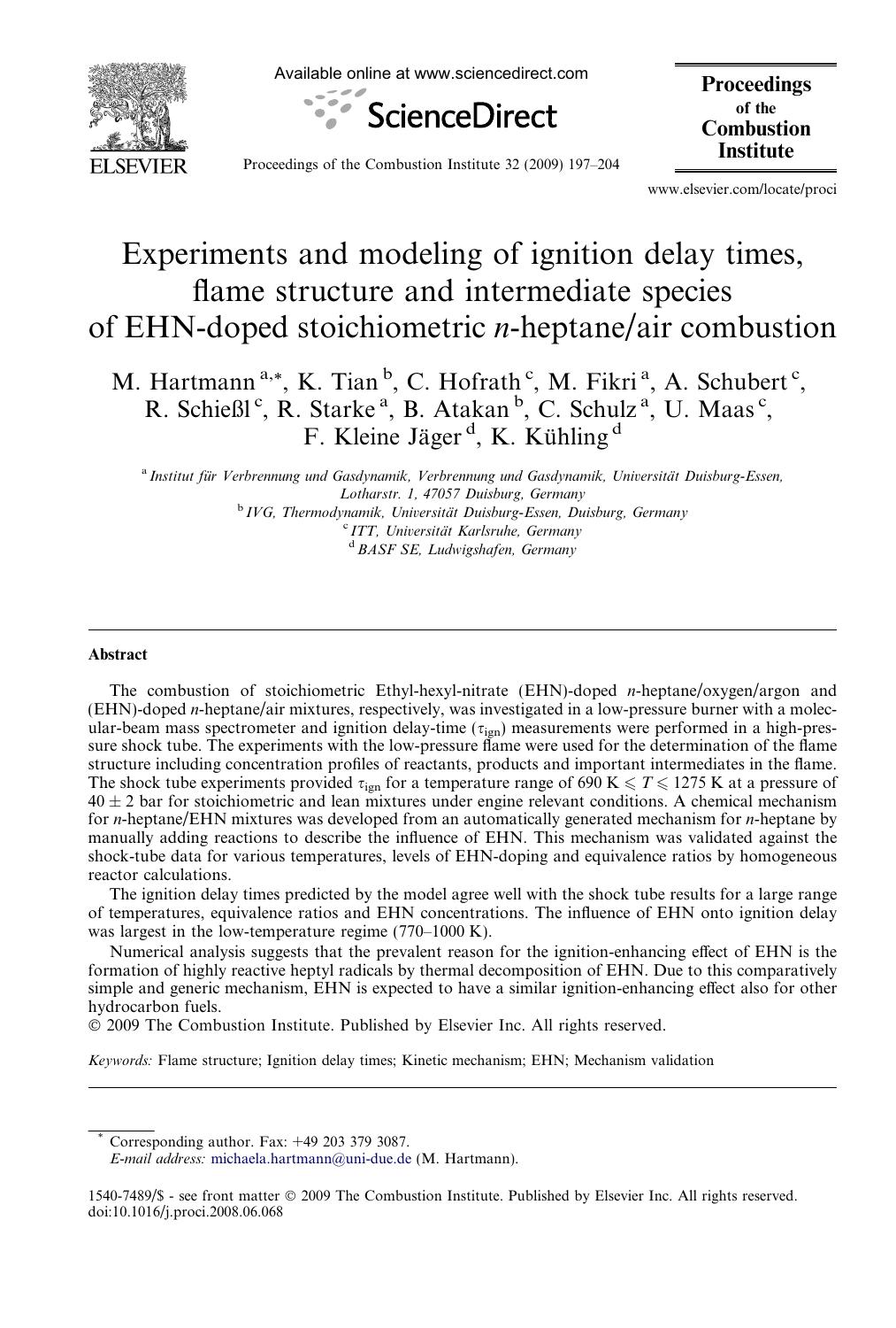 Experiments and modeling of ignition delay times, flame structure and intermediate species of EHN-doped stoichiometric n-heptaneair combustion by unknow