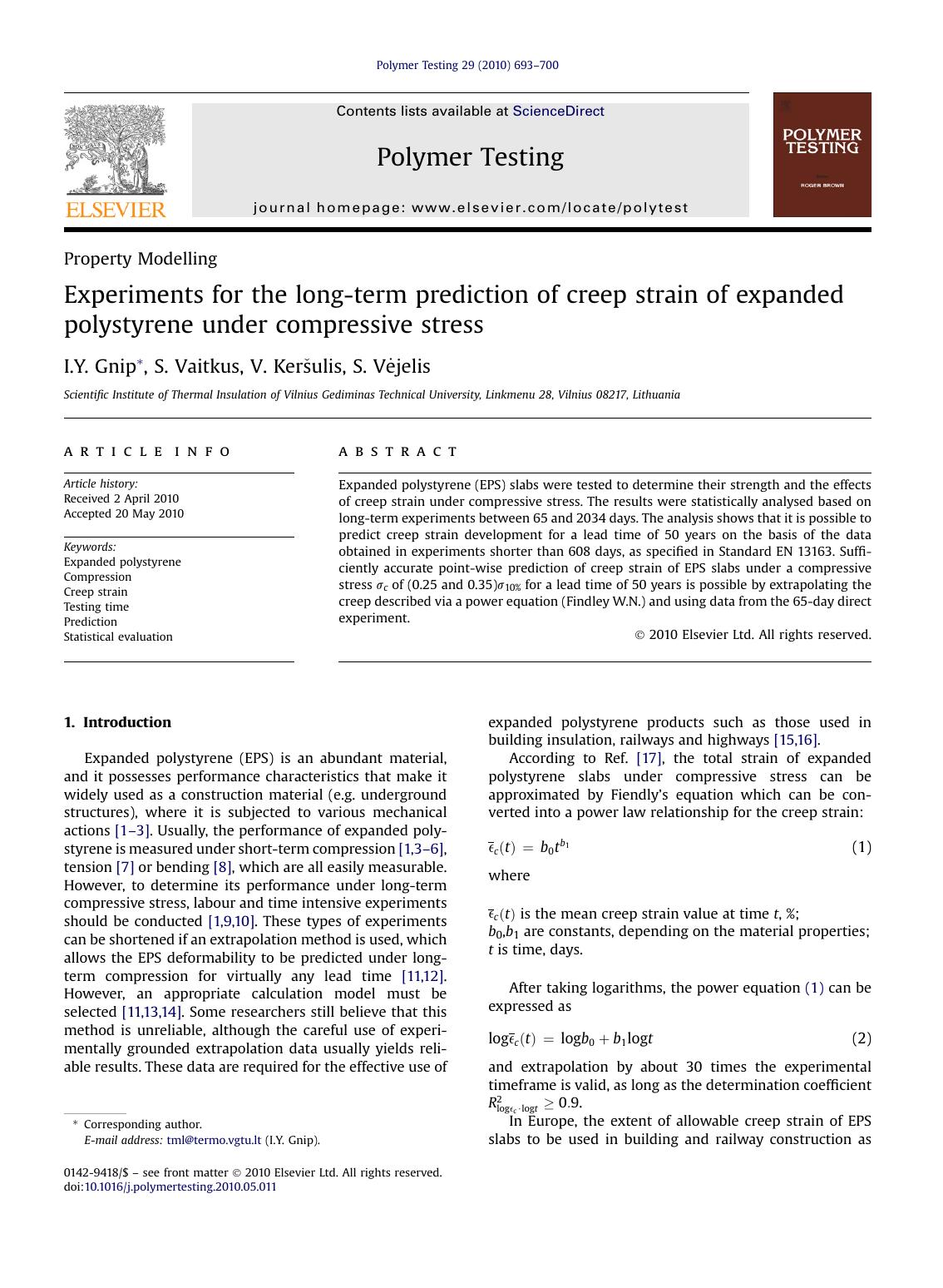 Experiments for the long-term prediction of creep strain of expanded polystyrene under compressive stress by I.Y. Gnip & S. Vaitkus & V. Keršulis & S. Vėjelis