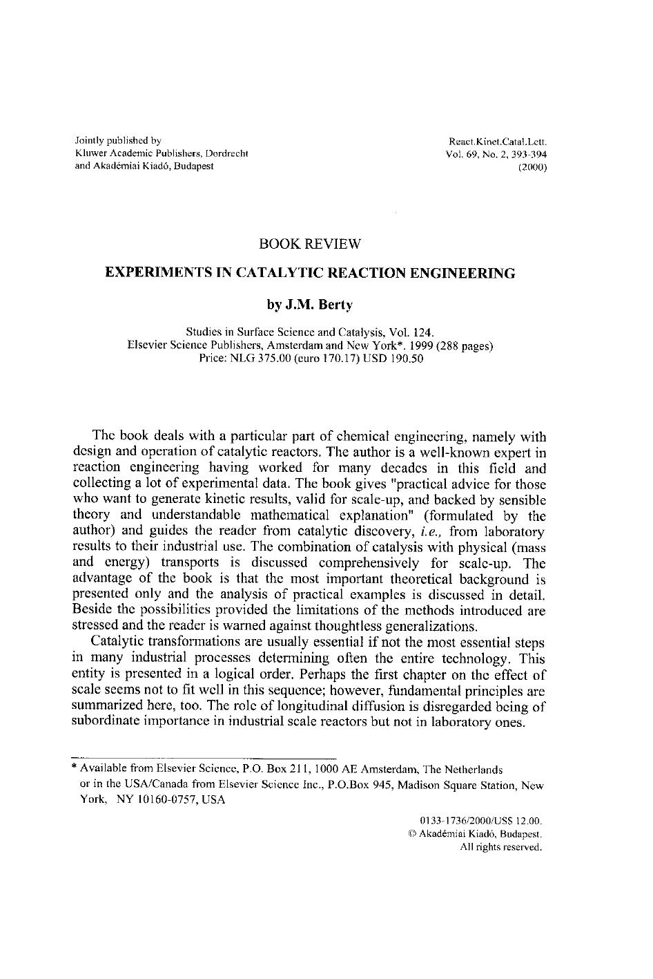 Experiments in Catalytic Reaction Engineering by Unknown