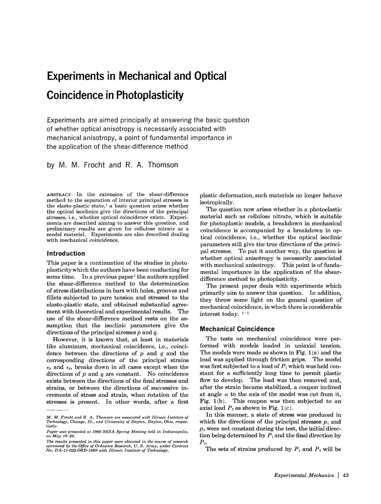 Experiments in mechanical and optical coincidence in photoplasticity by Unknown