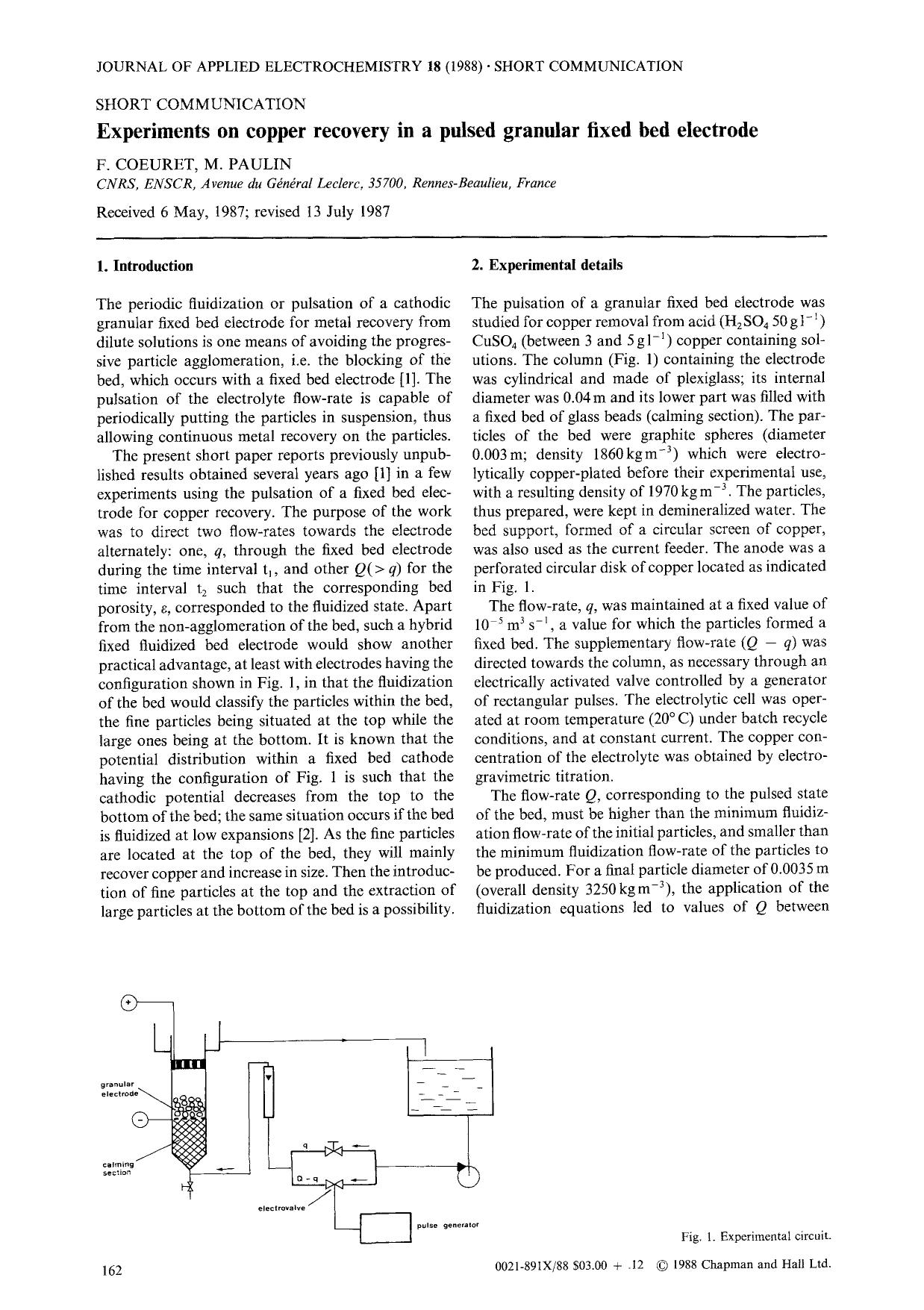 Experiments on copper recovery in a pulsed granular fixed bed electrode by Unknown
