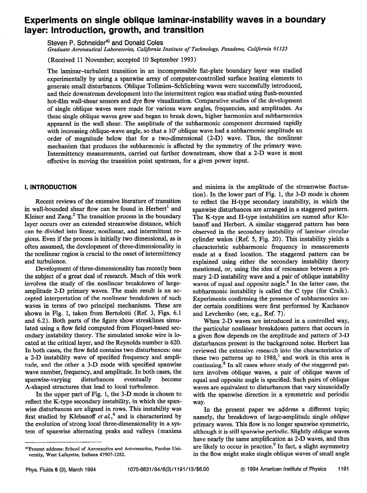 Experiments on single oblique laminar-instability waves in a boundary layer: Introduction, growth, and transition by Steven P. Schneider; Donald Coles