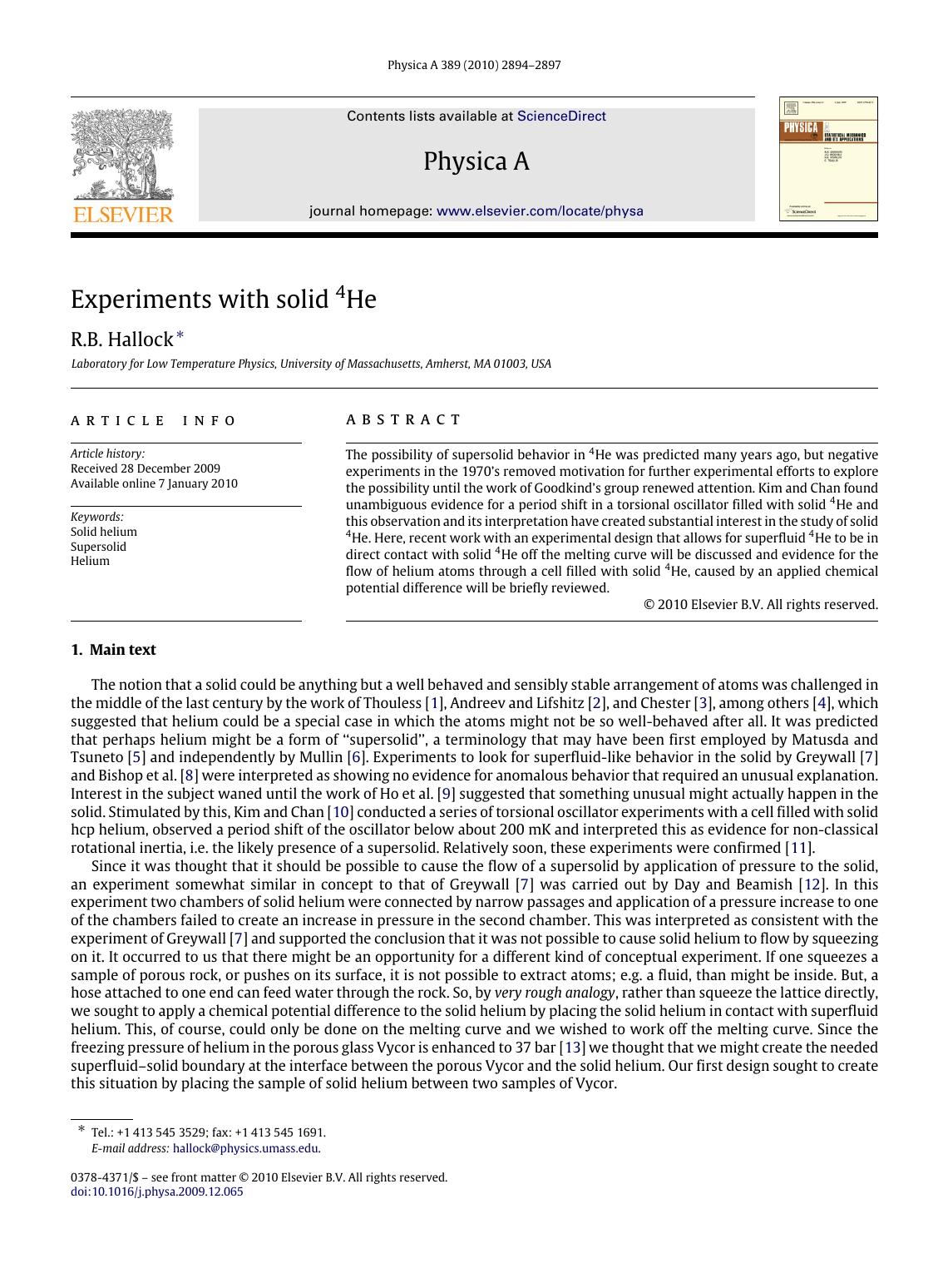 Experiments with solid 4He by R.B. Hallock