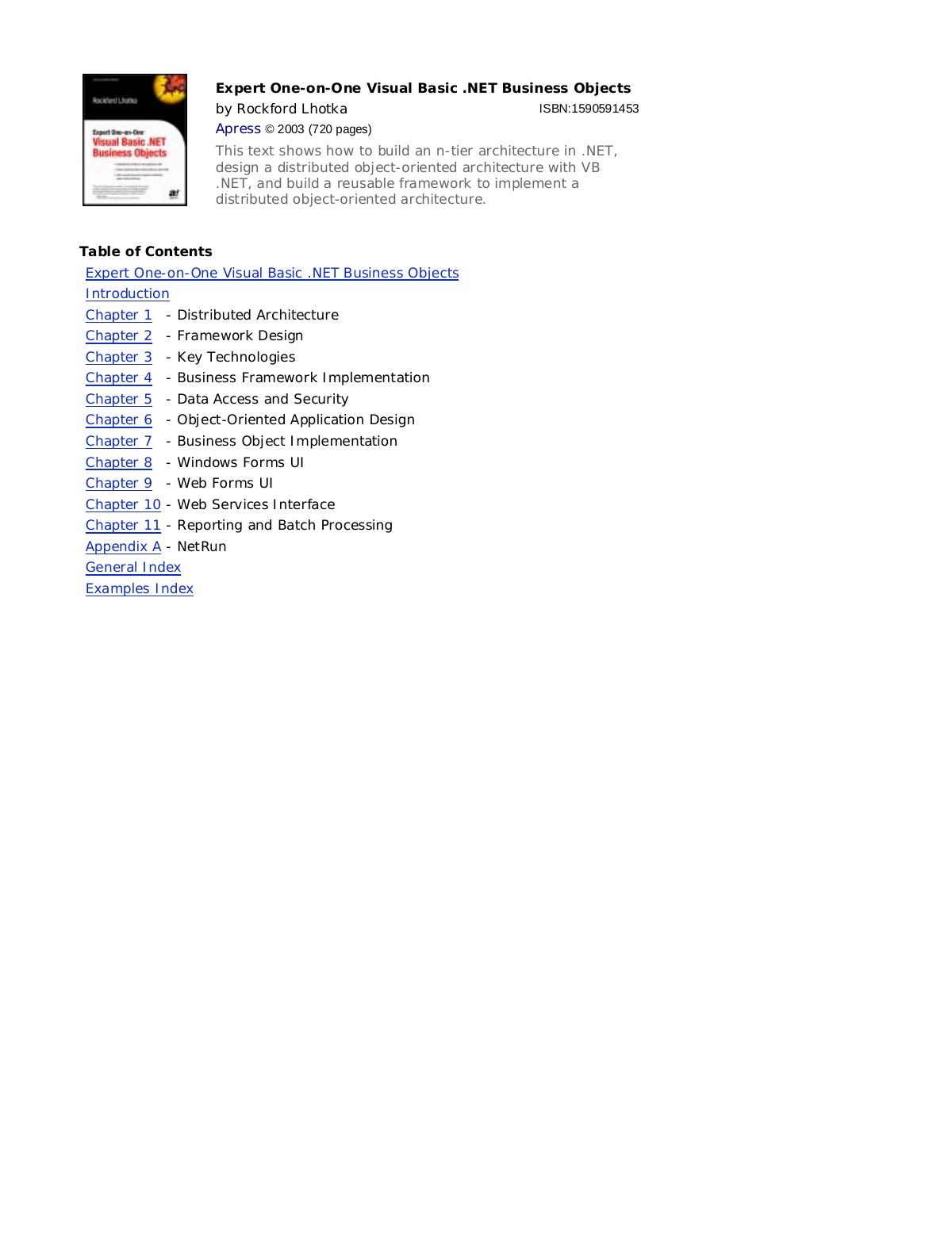 Expert One-on-One Visual Basic .NET Business Objects by Rockford Lhotka