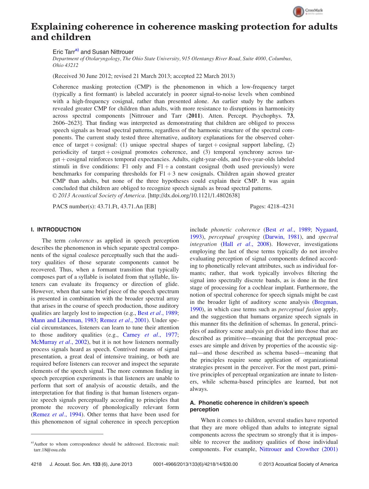 Explaining coherence in coherence masking protection for adults and children by Eric Tarra) and Susan Nittrouer