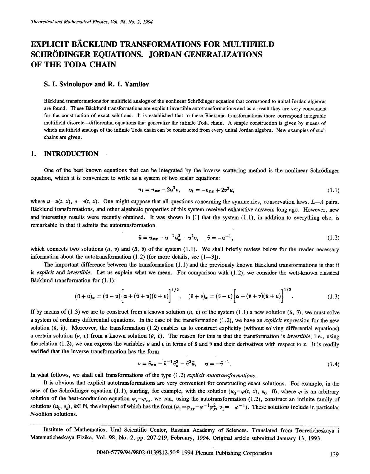 Explicit Bäcklund transformations for multifield Schrödinger equations. Jordan generalizations of the Toda chain by Unknown