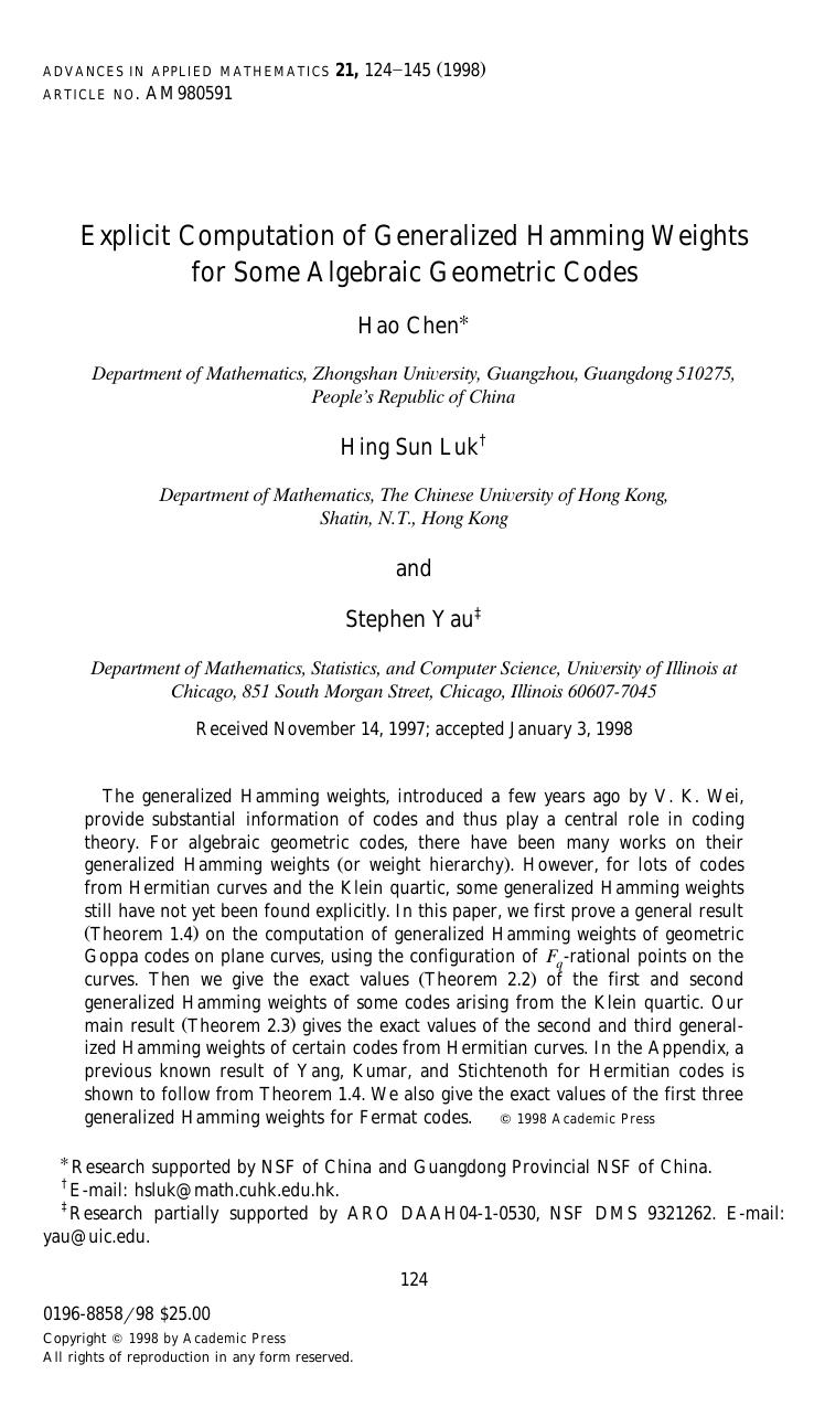 Explicit Computation of Generalized Hamming Weights for Some Algebraic Geometric Codes by Chen H. et al