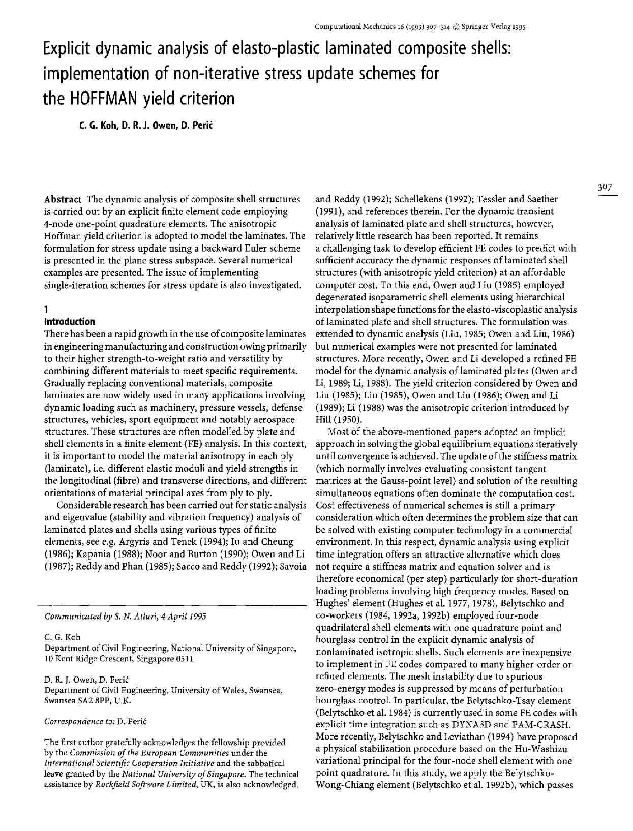 Explicit dynamic analysis of elasto-plastic laminated composite shells: implementation of non-iterative stress update schemes for the HOFFMAN yield criterion by Unknown