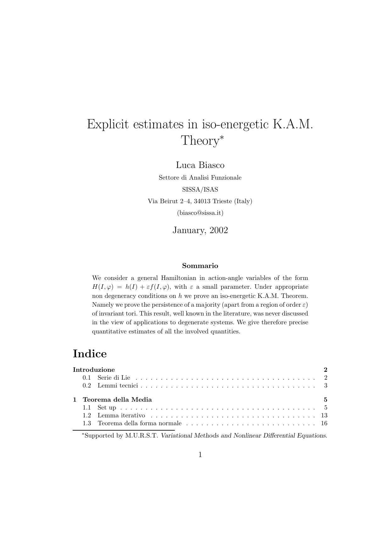 Explicit estimates in iso-energetic K.A.M. theory by Biasco L