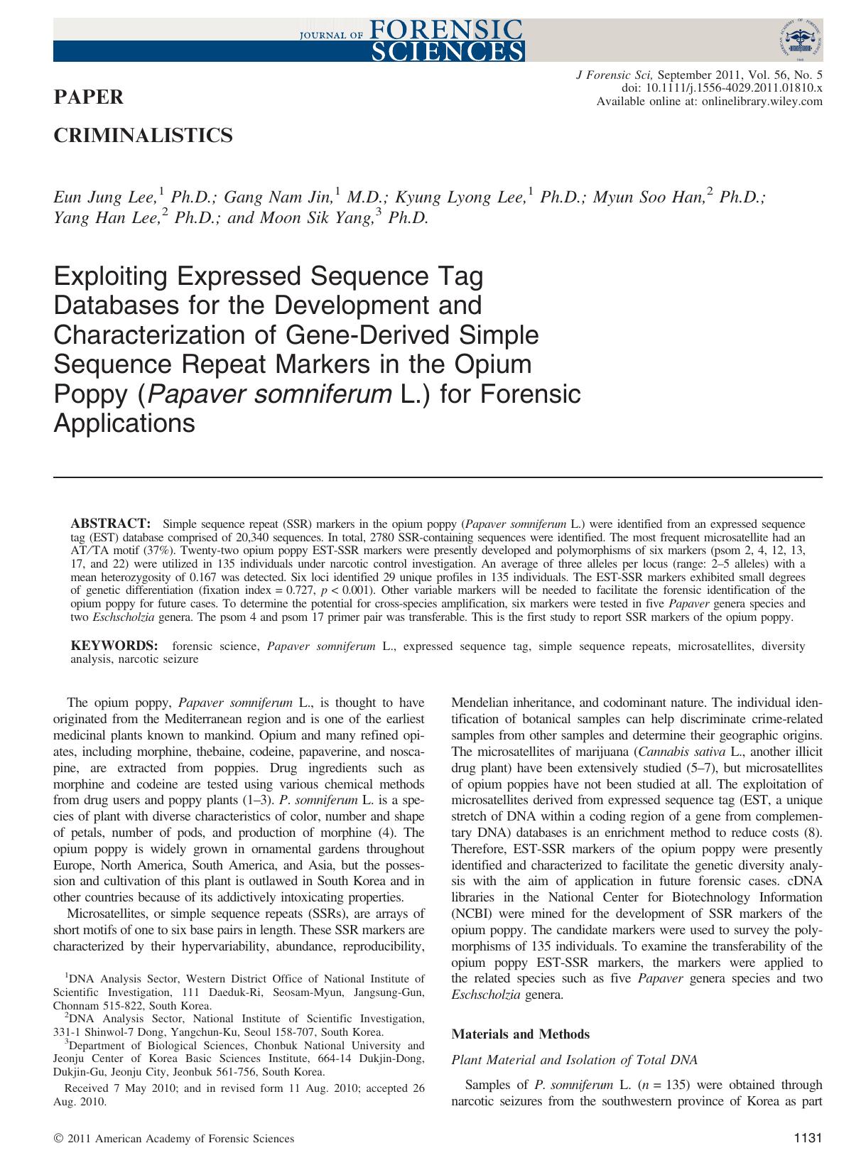 Exploiting Expressed Sequence Tag Databases for the Development and Characterization of GeneDerived Simple Sequence Repeat Markers in the Opium Poppy (Papaver somniferum L.) for Forensic Applications by Unknown