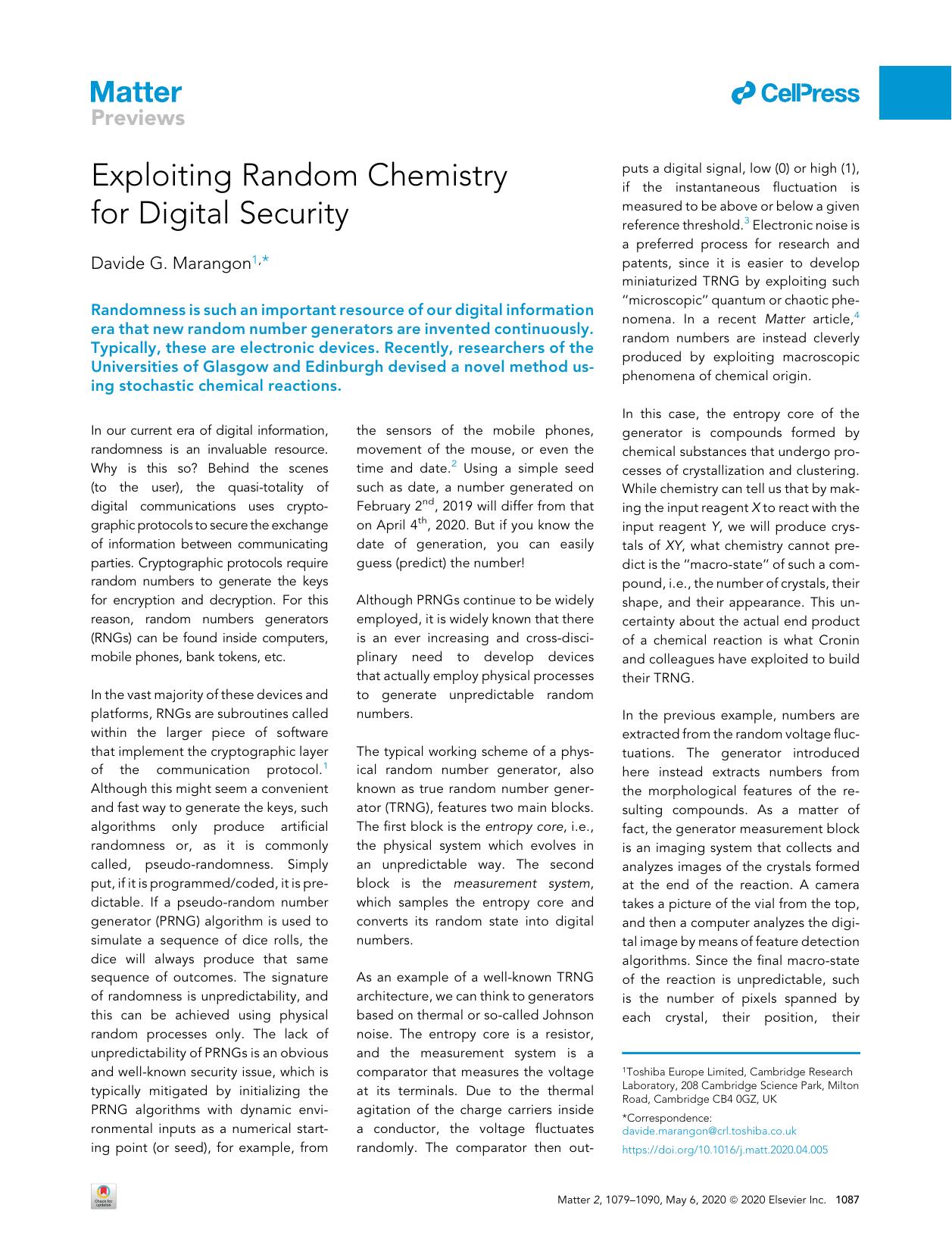 Exploiting Random Chemistry for Digital Security by Davide G. Marangon