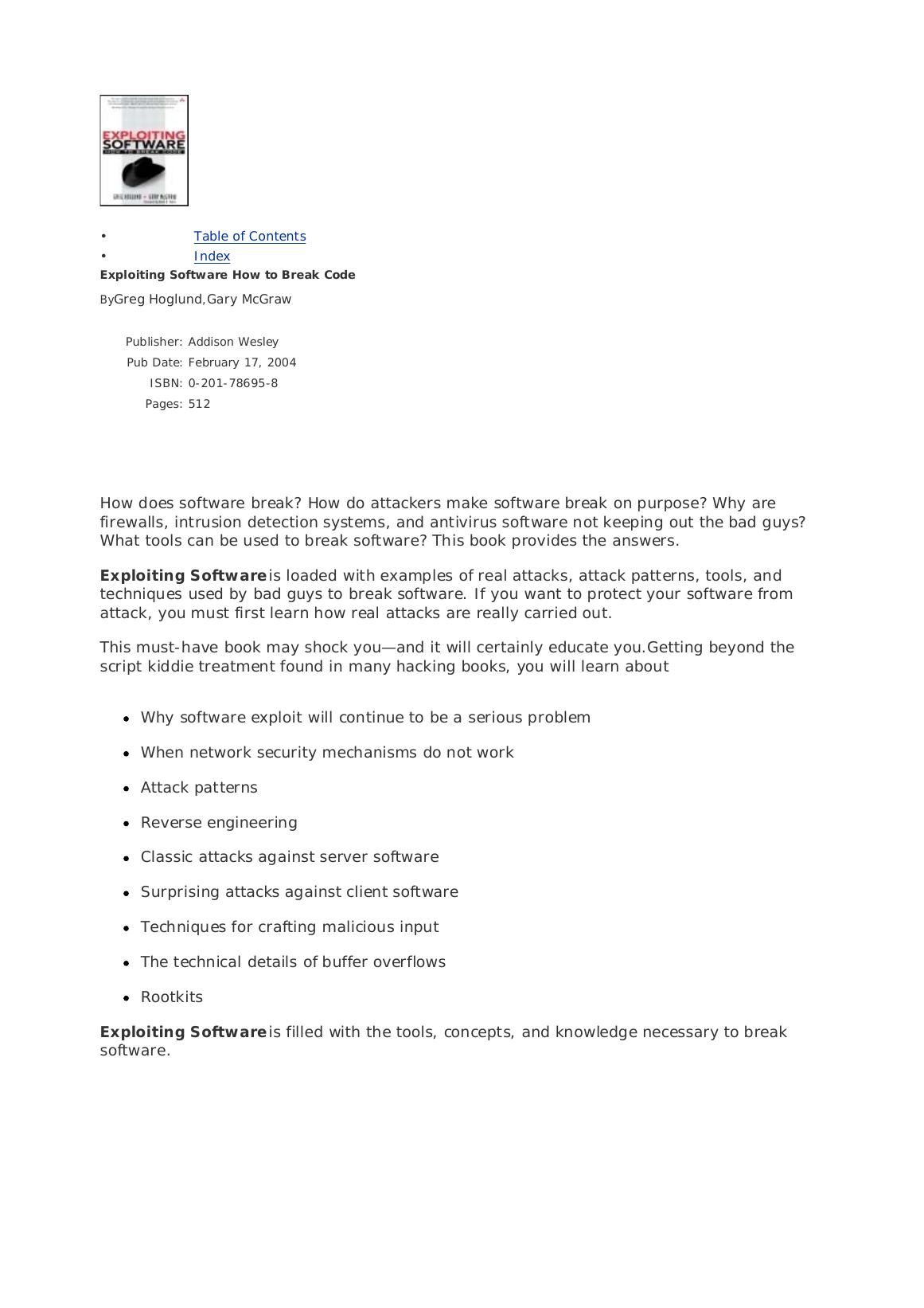 Exploiting Software - How to Break Code by Greg Hoglund Gary McGraw