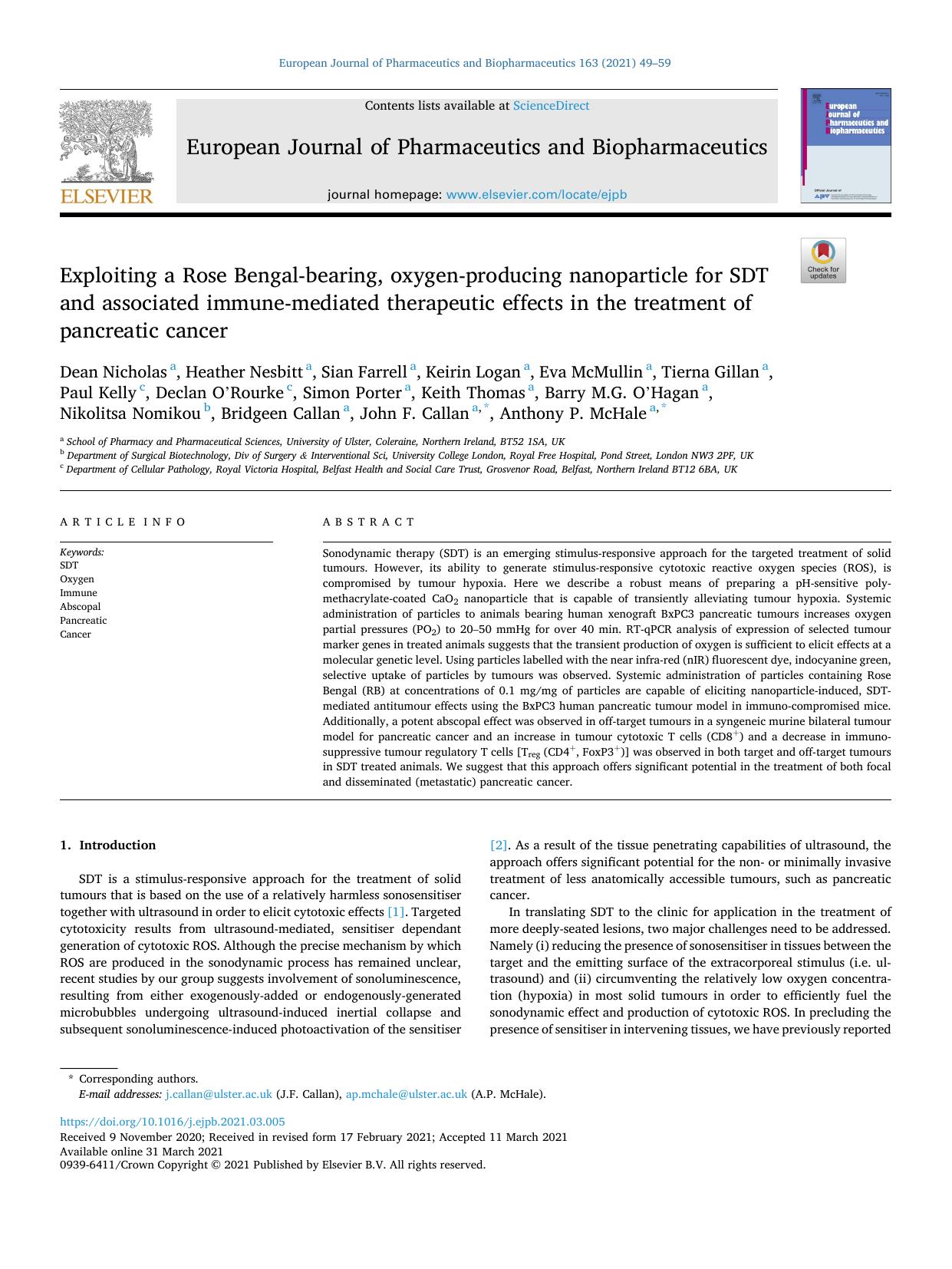 Exploiting a Rose Bengal-bearing, oxygen-producing nanoparticle for SDT and associated immune-mediated therapeutic effects in the treatment of pancreatic cancer by unknow