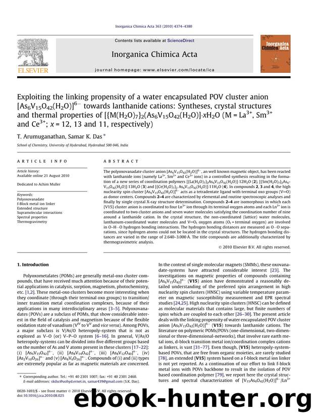 Exploiting the linking propensity of a water encapsulated POV cluster anion [As6V15O42(H2O)]6Ã¢Ëâ towards lanthanide cations: Syntheses, crystal structures and thermal propertie by T. Arumuganathan & Samar K. Das