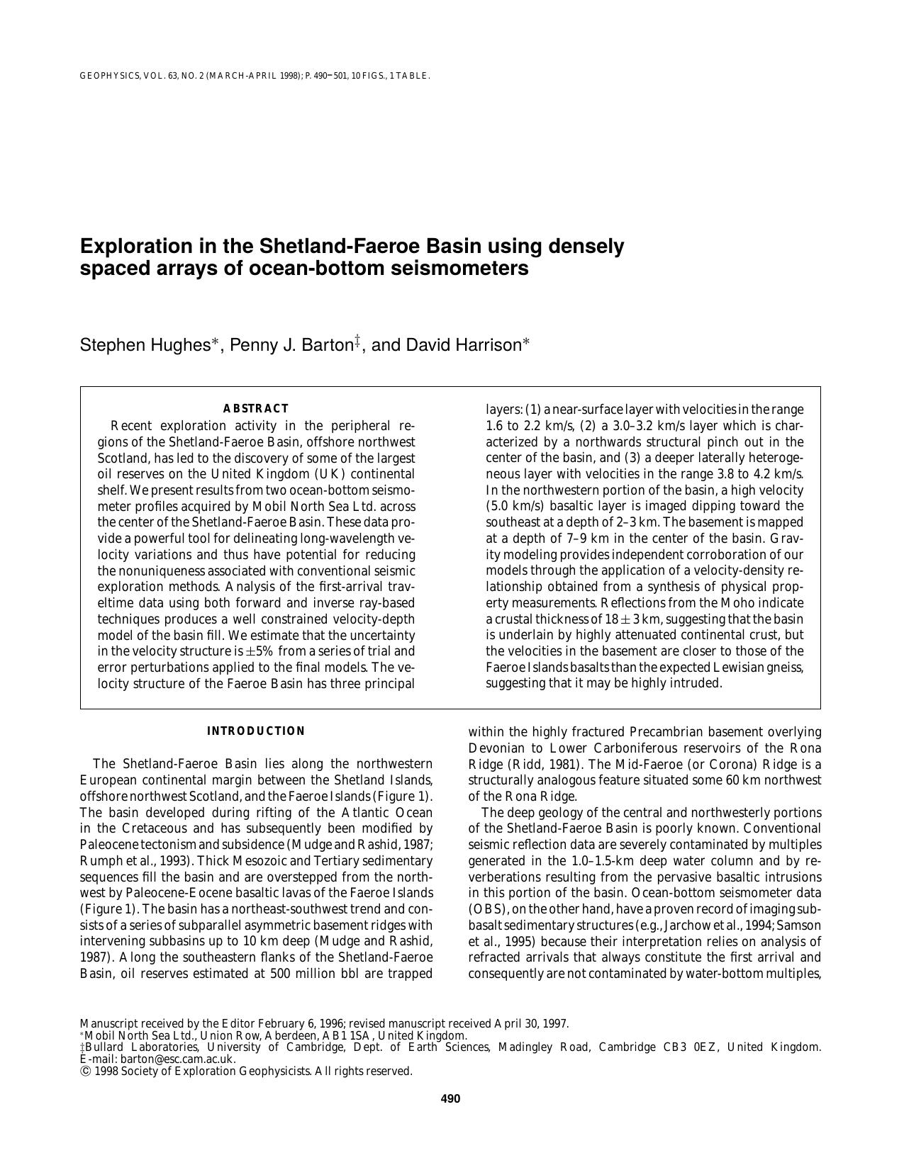 Exploration in the Shetland-Faeroe Basin using densely spaced arrays of ocean-bottom seismometers by S. Hughes P. J. Barton D. Harrison