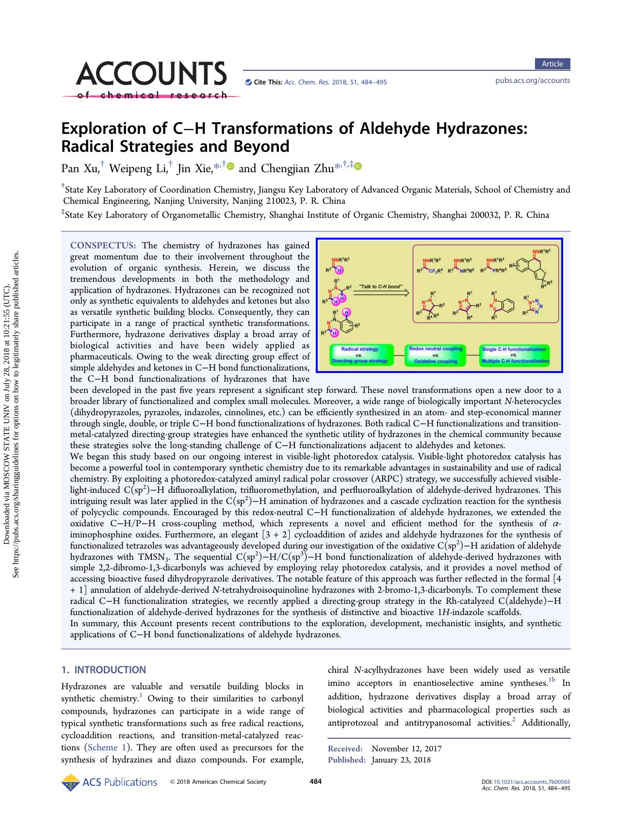 Exploration of CâH Transformations of Aldehyde Hydrazones: Radical Strategies and Beyond by Pan Xu Weipeng Li Jin Xie & Chengjian Zhu