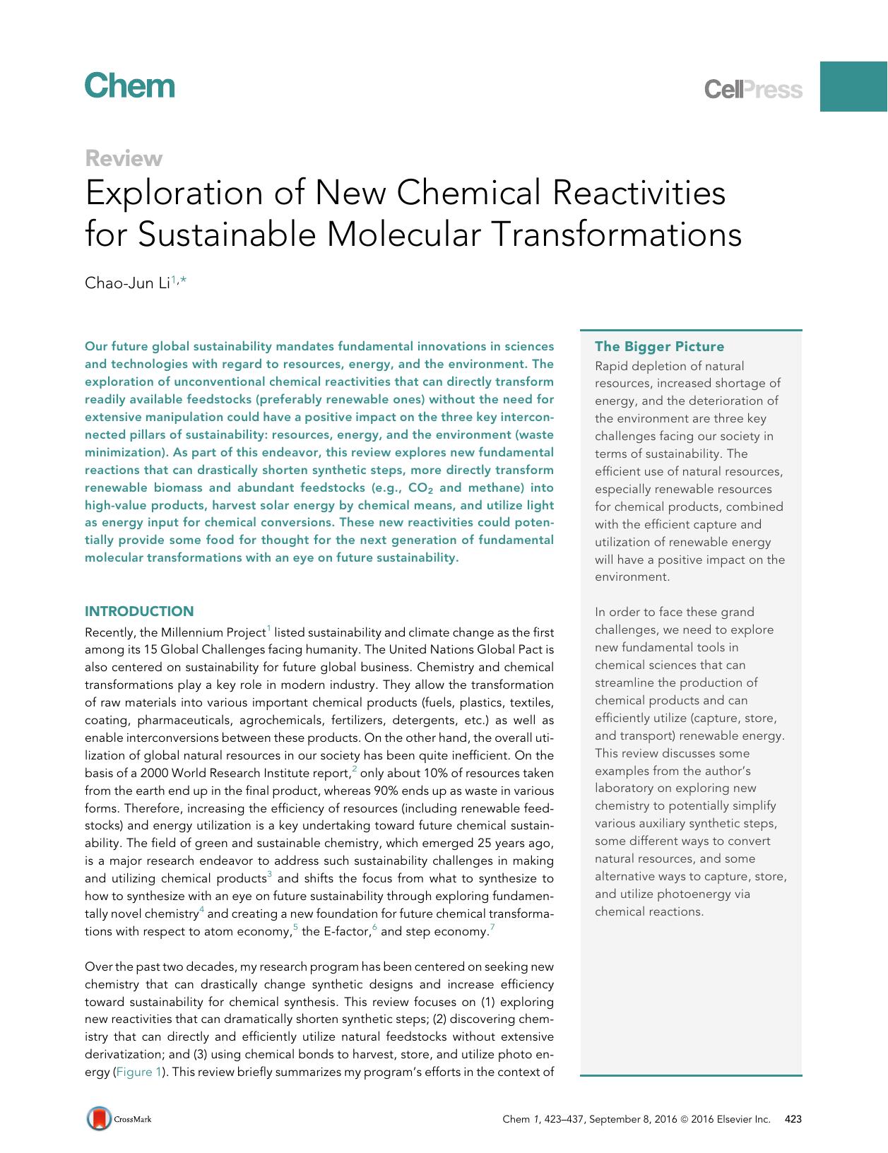 Exploration of New Chemical Reactivities for Sustainable Molecular Transformations by Chao-Jun Li