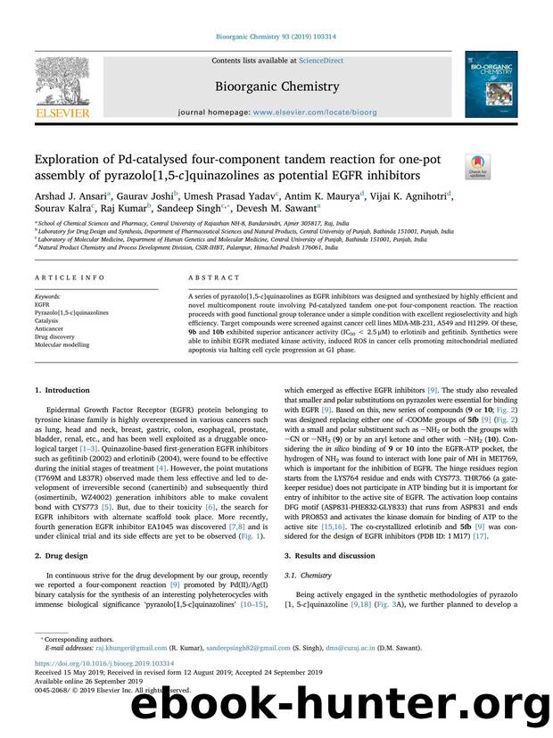 Exploration of Pd-catalysed four-component tandem reaction for one-pot assembly of pyrazolo[1,5-c]quinazolines as potential EGFR inhibitors by Arshad J. Ansari