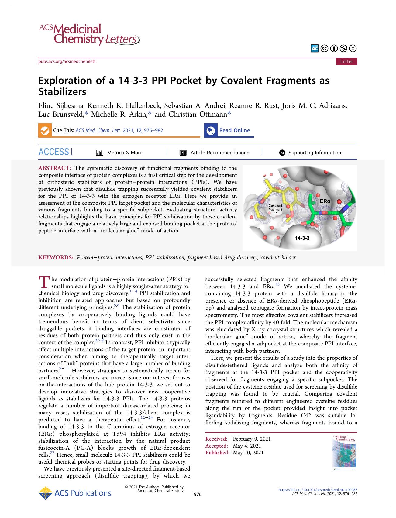 Exploration of a 14-3-3 PPI Pocket by Covalent Fragments as Stabilizers by unknow