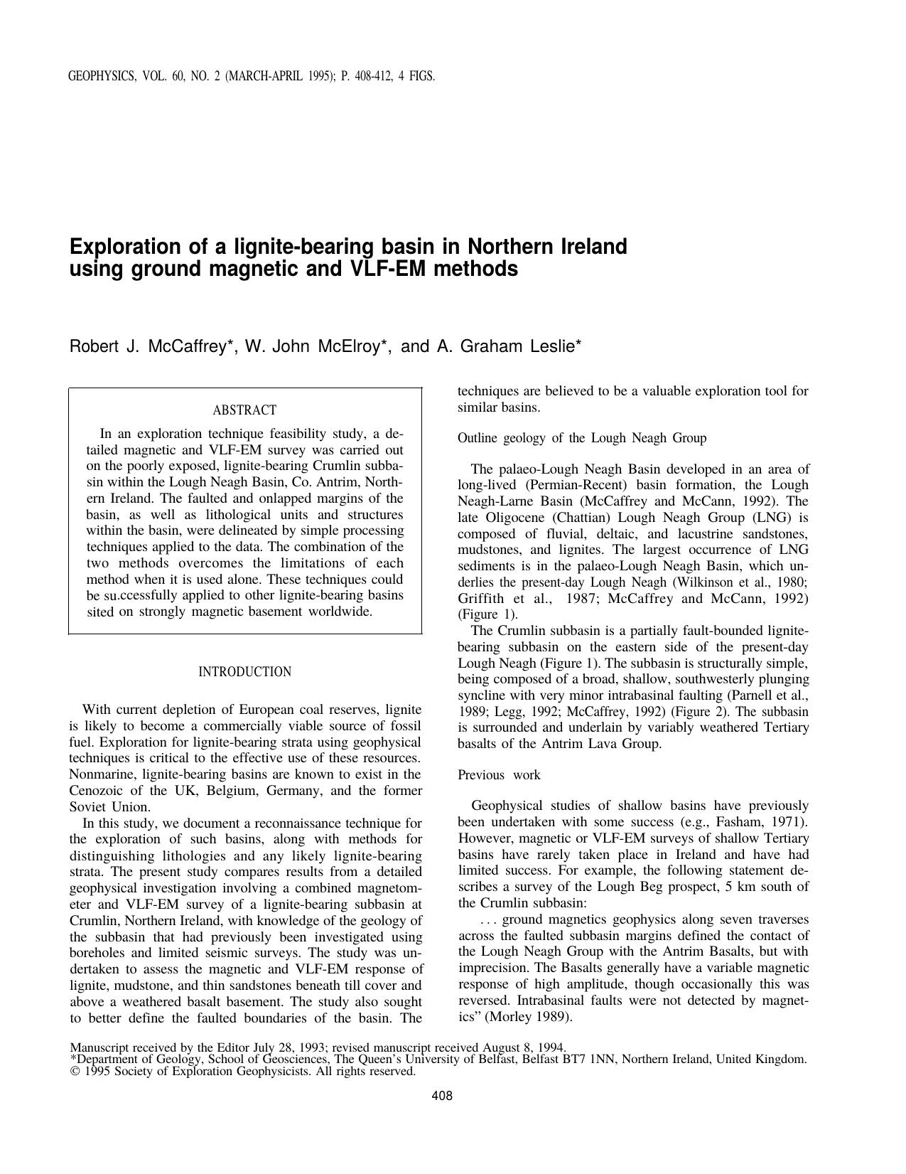 Exploration of a lignite-bearing basin in northern Ireland using ground magnetic and VLF-EM methods by W.John McElroy R.J. McCaffrey A.G. Leslie