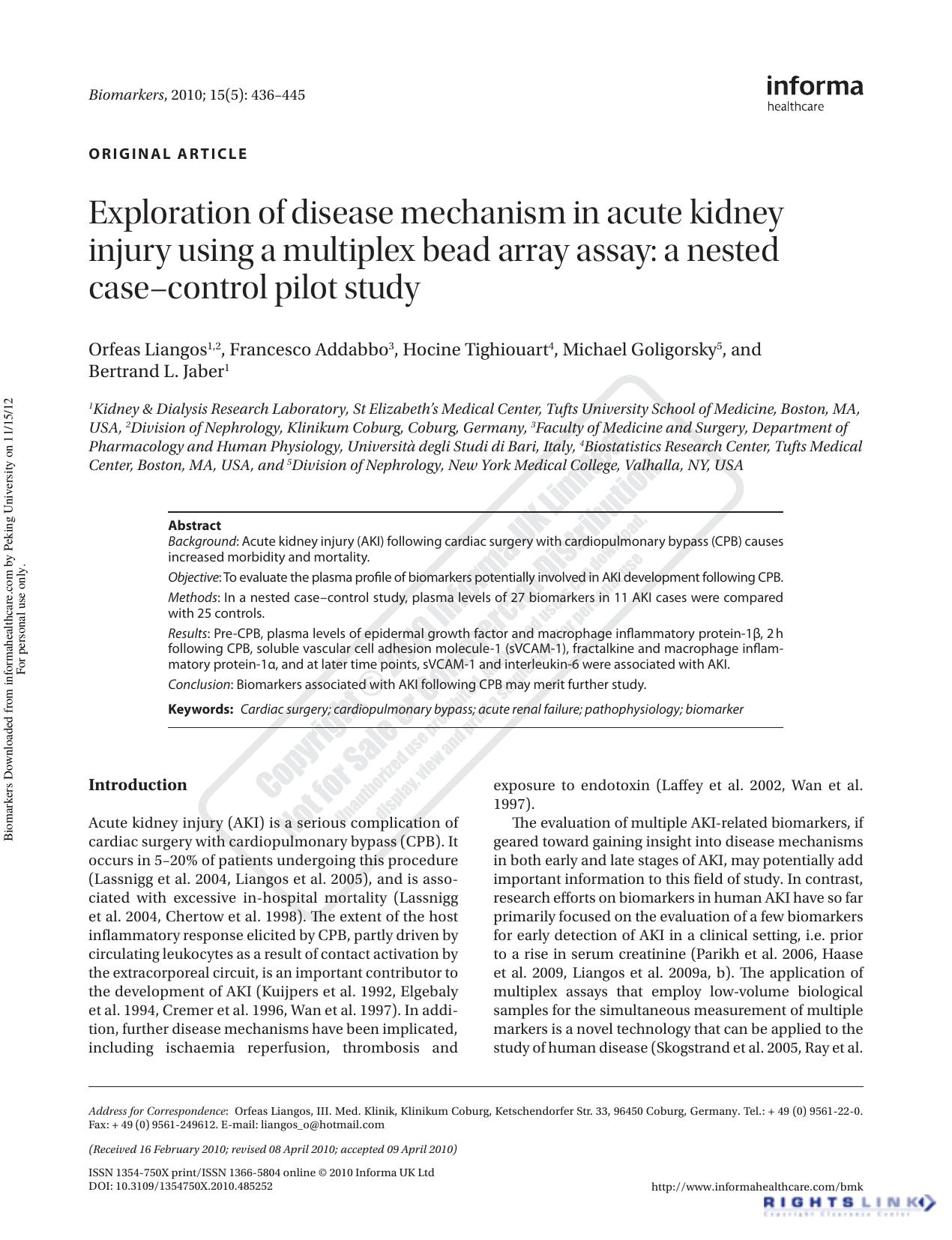 Exploration of disease mechanism in acute kidney injury using a multiplex bead array assay: a nested caseâcontrol pilot study by Orfeas Liangos Francesco Addabbo Hocine Tighiouart Michael Goligorsky & Bertrand L. Jaber