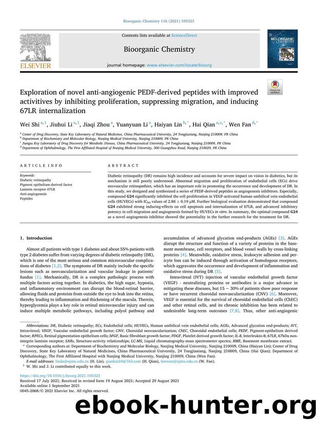 Exploration of novel anti-angiogenic PEDF-derived peptides with improved activitives by inhibiting proliferation, suppressing migration, and inducing 67LR internalization by Wei Shi & Jiuhui Li & Jiaqi Zhou & Yuanyuan Li & Haiyan Lin & Hai Qian & Wen Fan
