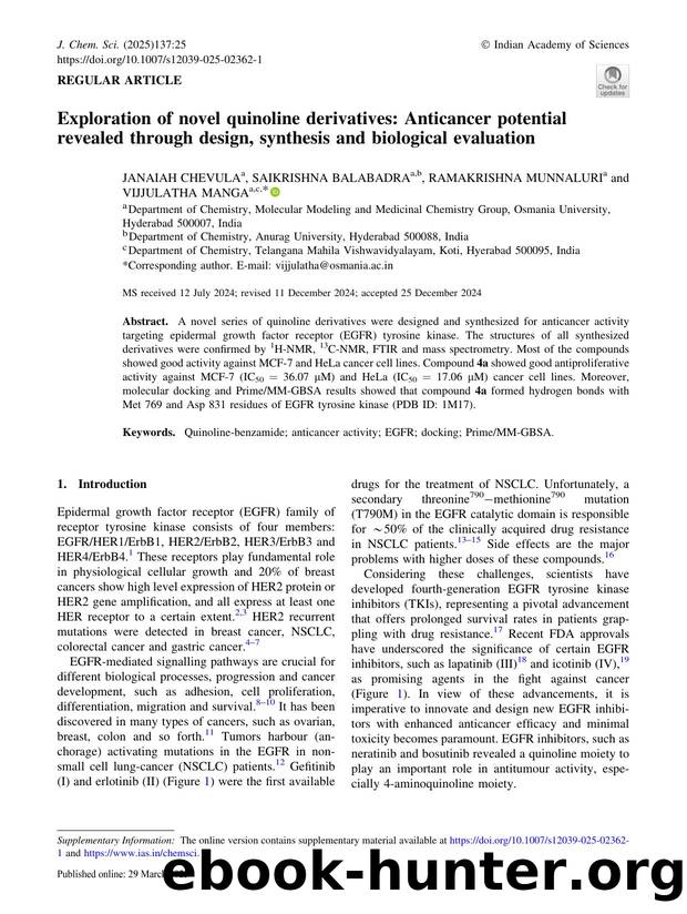 Exploration of novel quinoline derivatives: Anticancer potential revealed through design, synthesis and biological evaluation by Janaiah Chevula & Saikrishna Balabadra & Ramakrishna Munnaluri & Vijjulatha Manga