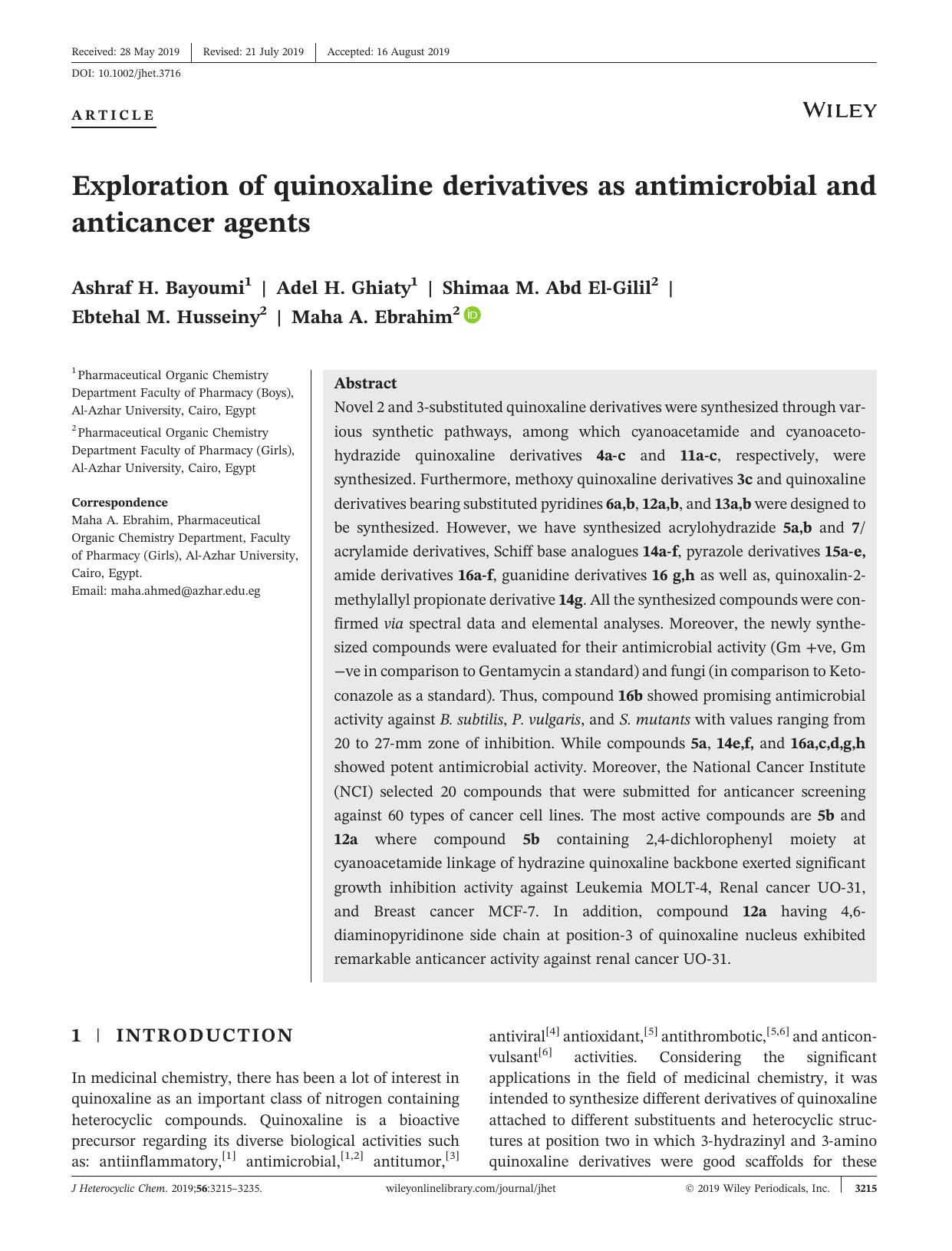 Exploration of quinoxaline derivatives as antimicrobial and anticancer agents by Ashraf H. Bayoumi Adel H. Ghiaty Shimaa M. Abd El‐Gilil Ebtehal M. Husseiny Maha A. Ebrahim