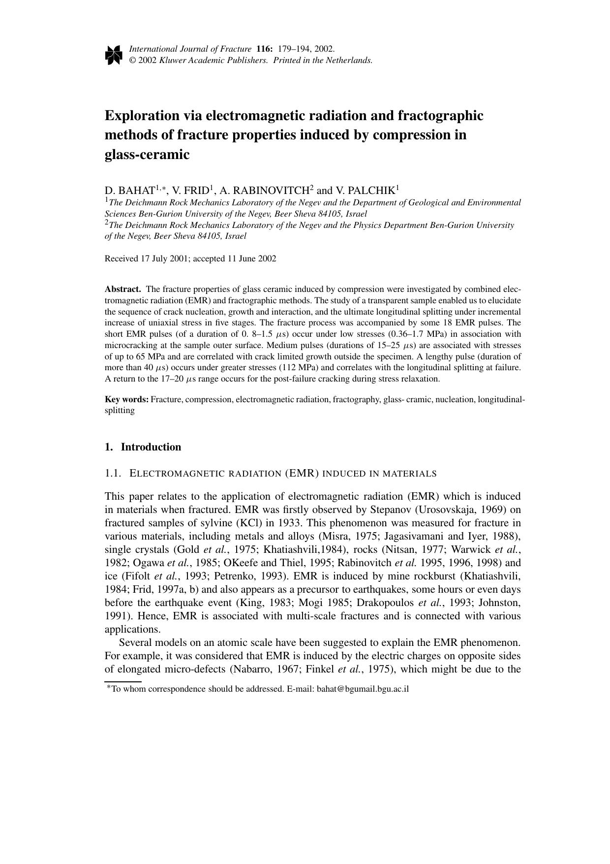 Exploration via electromagnetic radiation and fractographic methods of fracture properties induced by compression in glass-ceramic by Unknown