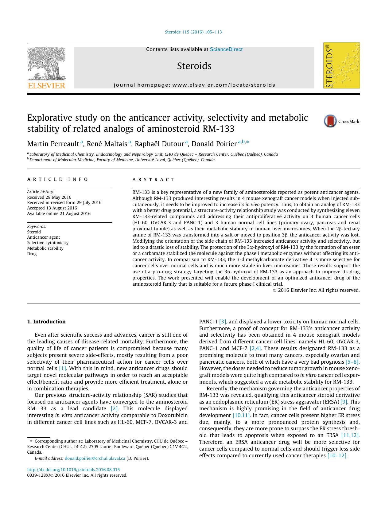 Explorative study on the anticancer activity, selectivity and metabolic stability of related analogs of aminosteroid RM-133 by Martin Perreault & René Maltais & Raphaël Dutour & Donald Poirier