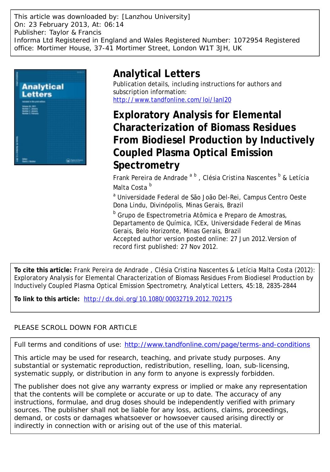Exploratory Analysis for Elemental Characterization of Biomass Residues From Biodiesel Production by Inductively Coupled Plasma Optical Emission Spectrometry by Frank Pereira de Andrade Clésia Cristina Nascentes & Letícia Malta Costa