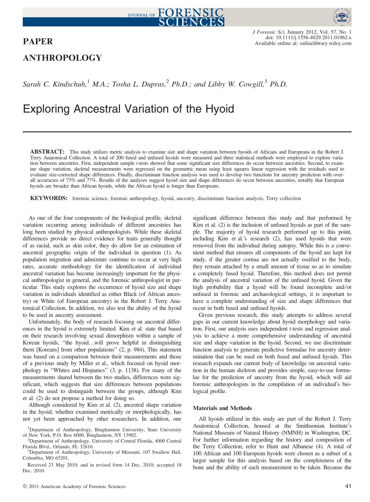 Exploring Ancestral Variation of the Hyoid by Unknown