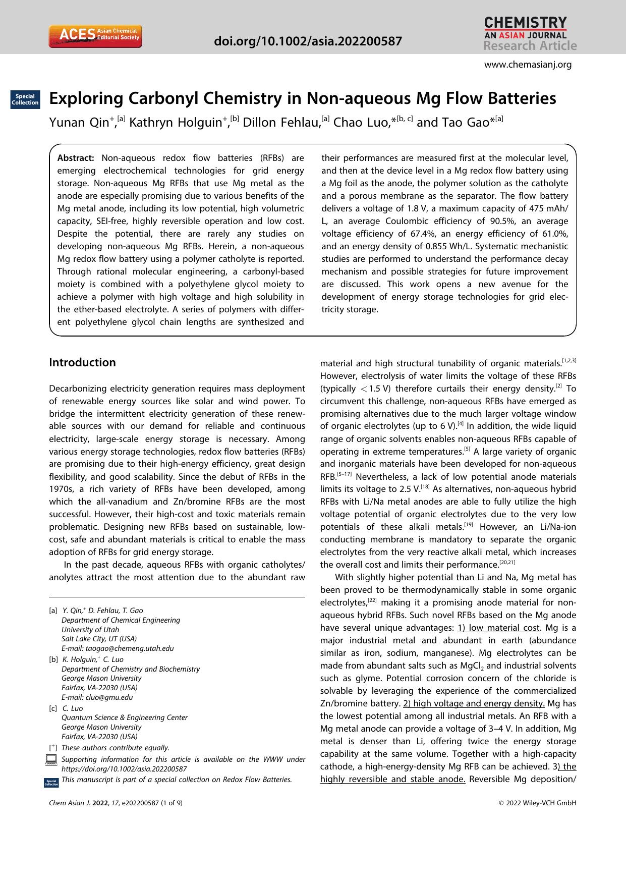 Exploring Carbonyl Chemistry in Nonâaqueous Mg Flow Batteries by Unknown