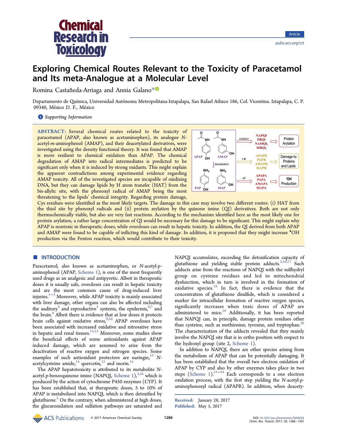 Exploring Chemical Routes Relevant to the Toxicity of Paracetamol and Its meta-Analogue at a Molecular Level by Romina Castañeda-Arriaga and Annia Galano