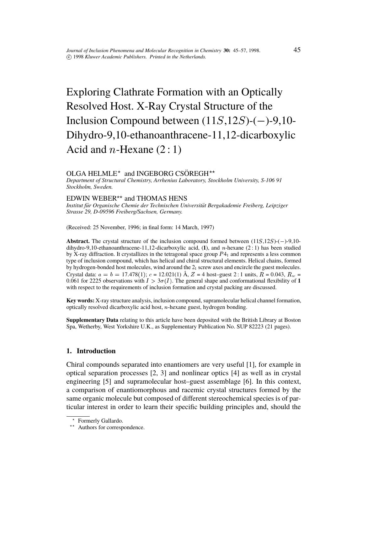 Exploring Clathrate Formation with an Optically Resolved Host. X-Ray Crystal Structure of the Inclusion Compound between (11S,12S)-(-)-9,10-Dihydro-9,10-ethanoanthracene-11,12-dica by Unknown