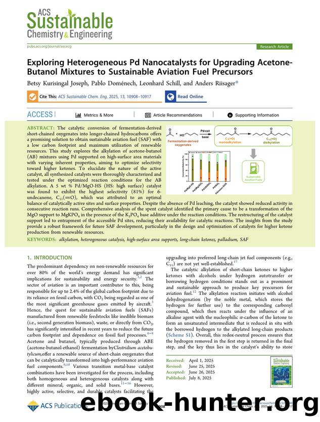 Exploring Heterogeneous Pd Nanocatalysts for Upgrading Acetone-Butanol Mixtures to Sustainable Aviation Fuel Precursors by Betsy Kurisingal Joseph Pablo Doménech Leonhard Schill and Anders Riisager