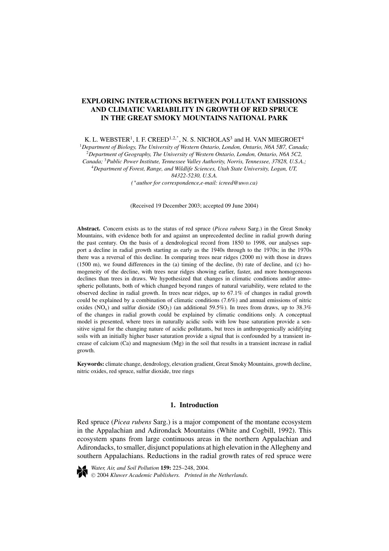 Exploring Interactions between Pollutant Emissions and Climatic Variability in Growth of Red Spruce in the Great Smoky Mountains National Park by Unknown
