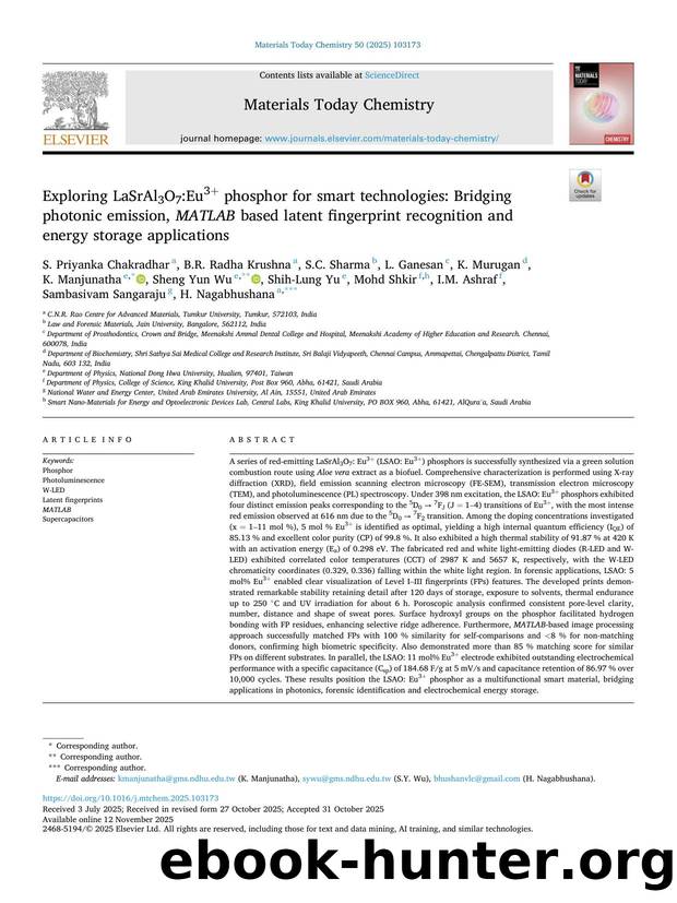 Exploring LaSrAl3O7:Eu3+ phosphor for smart technologies: Bridging photonic emission, MATLAB based latent fingerprint recognition and energy storage applications by unknow