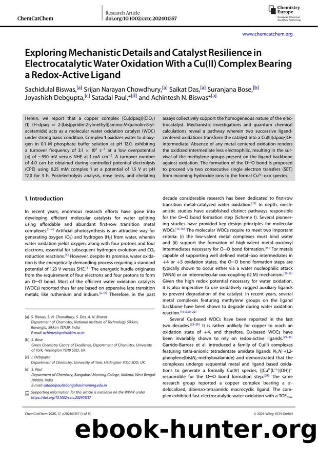 Exploring Mechanistic Details and Catalyst Resilience in Electrocatalytic Water Oxidation With a Cu(II) Complex Bearing a Redox&#x02010;Active Ligand by Unknown