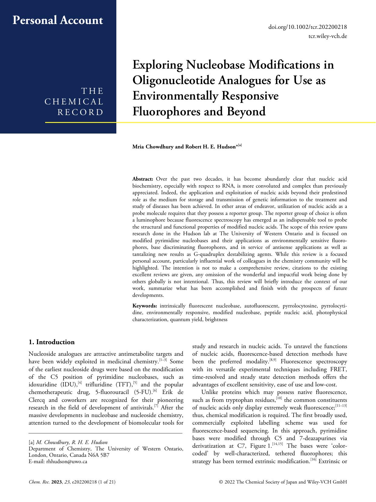 Exploring Nucleobase Modifications in Oligonucleotide Analogues for Use as Environmentally Responsive Fluorophores and Beyond by Unknown