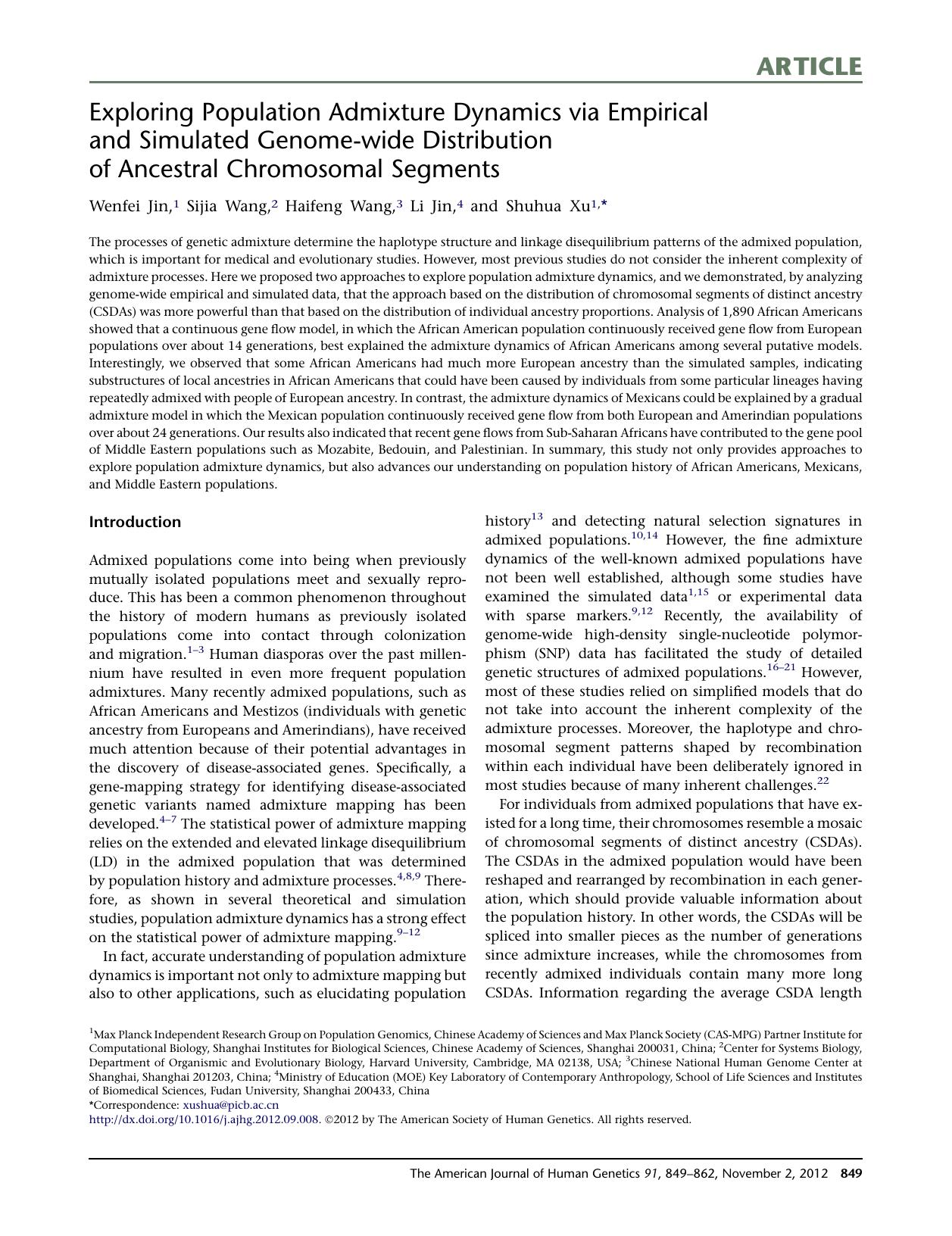 Exploring Population Admixture Dynamics via Empirical and Simulated Genome-wide Distribution of Ancestral Chromosomal Segments by Wenfei Jin & Sijia Wang & Haifeng Wang & Li Jin & Shuhua Xu