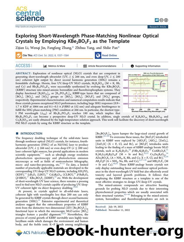 Exploring Short-Wavelength Phase-Matching Nonlinear Optical Crystals by Employing KBe2BO3F2 as the Template by Zijian Li & Wenqi Jin & Fangfang Zhang & Zhihua Yang & Shilie Pan (ORCID: g/0000-0003-4521-4507)