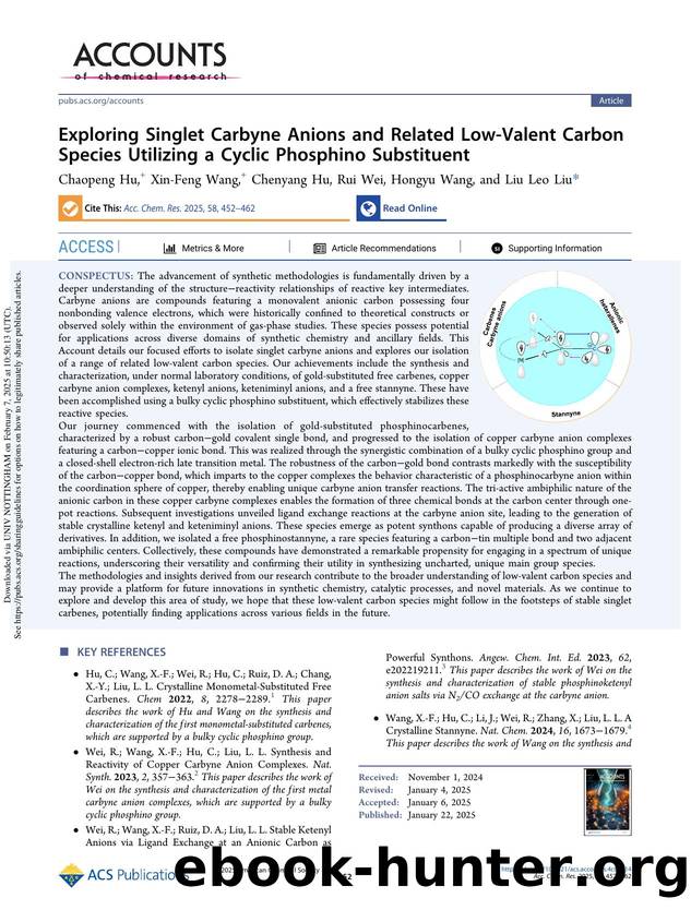 Exploring Singlet Carbyne Anions and Related Low-Valent Carbon Species Utilizing a Cyclic Phosphino Substituent by Chaopeng Hu Xin-Feng Wang Chenyang Hu Rui Wei Hongyu Wang & Liu Leo Liu