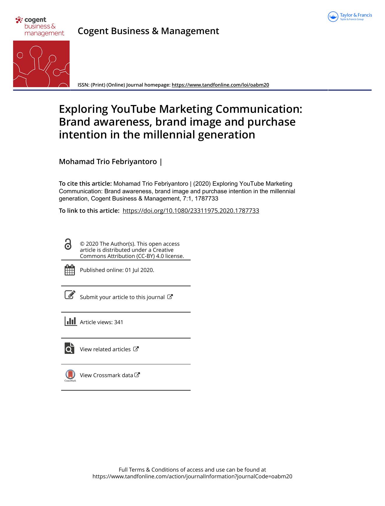 Exploring YouTube Marketing Communication: Brand awareness, brand image and purchase intention in the millennial generation by Mohamad Trio Febriyantoro & Len Tiu Wright