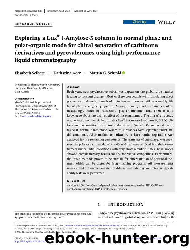 Exploring a LuxÂ® iâAmyloseâ3 column in normal phase and polarâorganic mode for chiral separation of cathinone derivatives and pyrovalerones using highâperformance liquid chromatography by Unknown