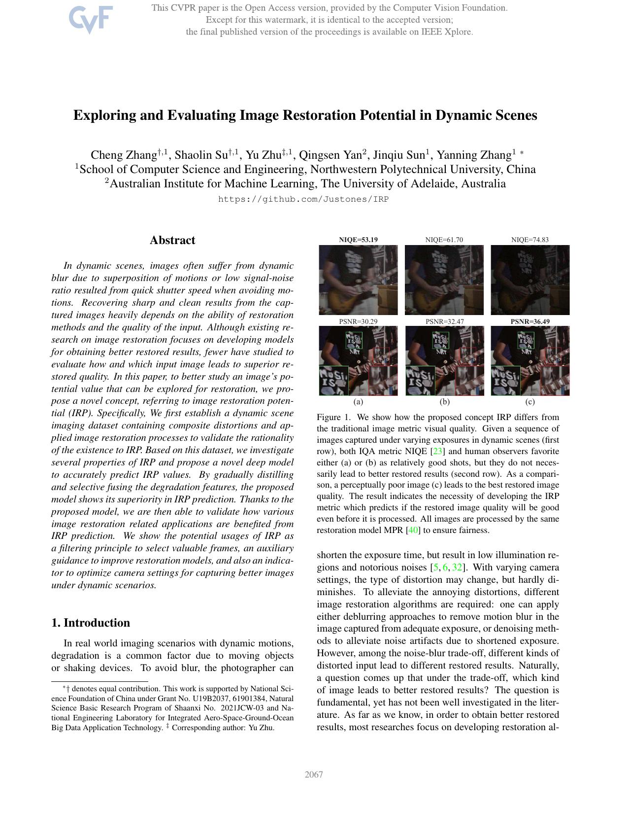 Exploring and Evaluating Image Restoration Potential in Dynamic Scenes by Cheng Zhang & Shaolin Su & Yu Zhu & Qingsen Yan & Jinqiu Sun & Yanning Zhang