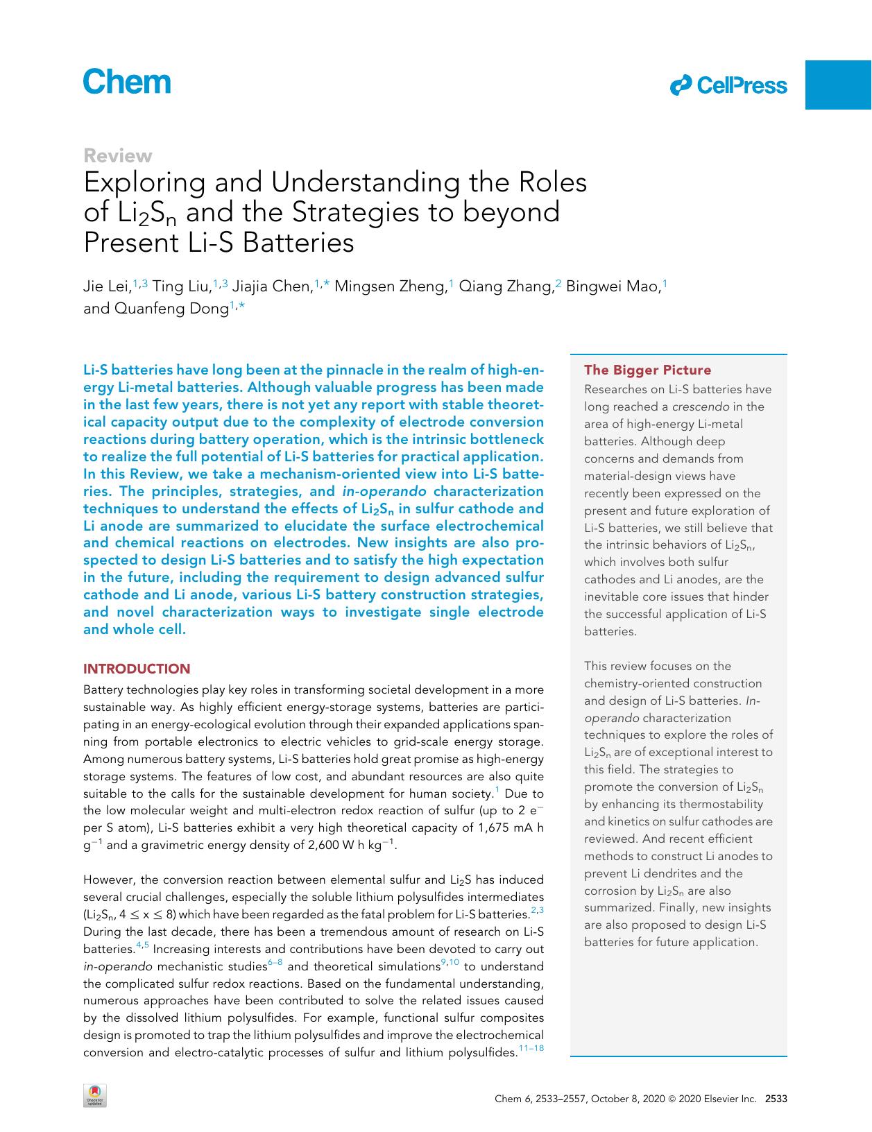 Exploring and Understanding the Roles of Li2Sn and the Strategies to beyond Present Li-S Batteries by Jie Lei & Ting Liu & Jiajia Chen & Mingsen Zheng & Qiang Zhang & Bingwei Mao & Quanfeng Dong